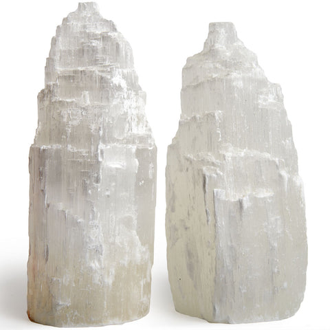 2 pcs of Handcrafted Natural Selenite Skyscraper Lamps - 8 Inch Avg.